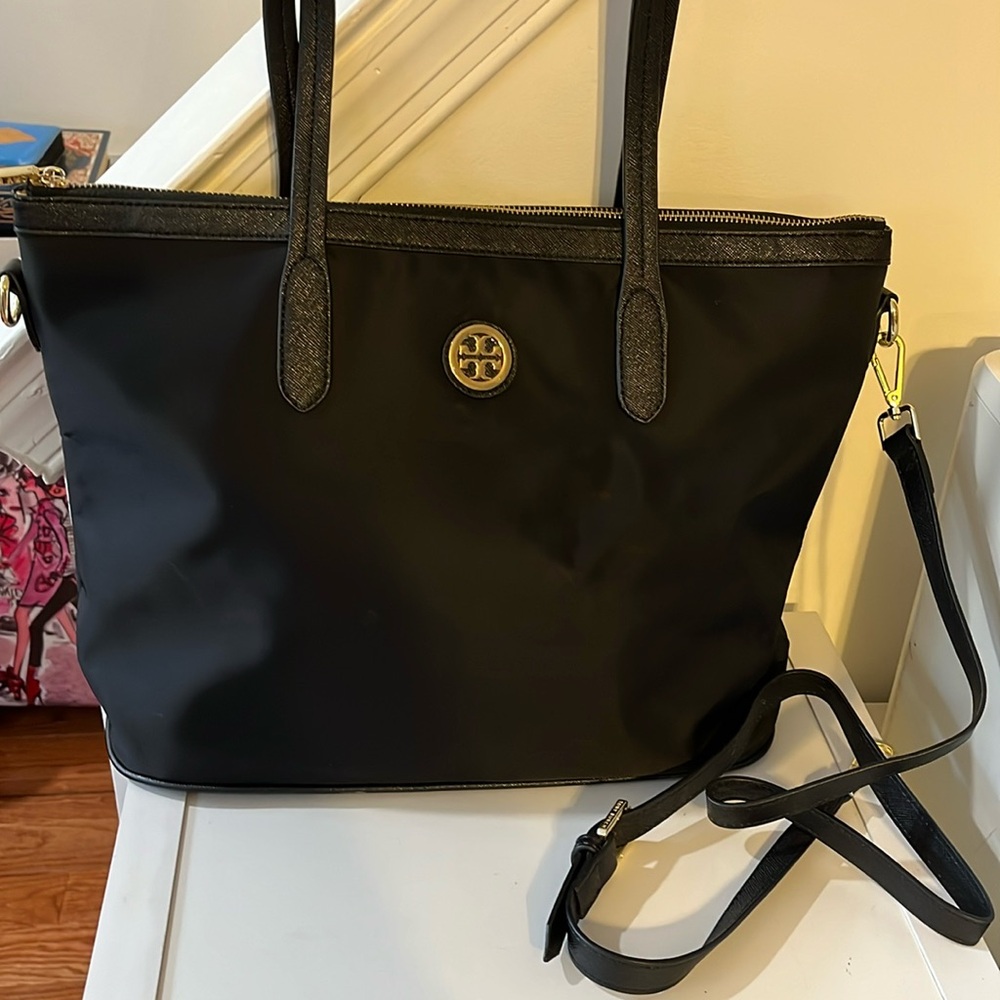 TORY BURCH NYLON TOTE BAG WITH LEATHER TRIM